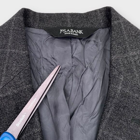 Jos A Bank Blazer Mens 40L Silk Wool Tailored Fit Charcoal Windowpane Check - Picture 11 of 13
